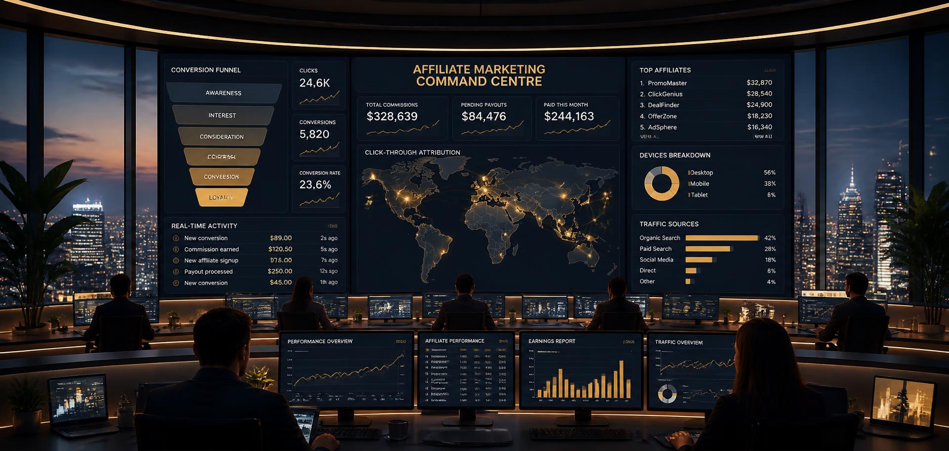 Affiliate marketing commission control room with live campaign dashboards