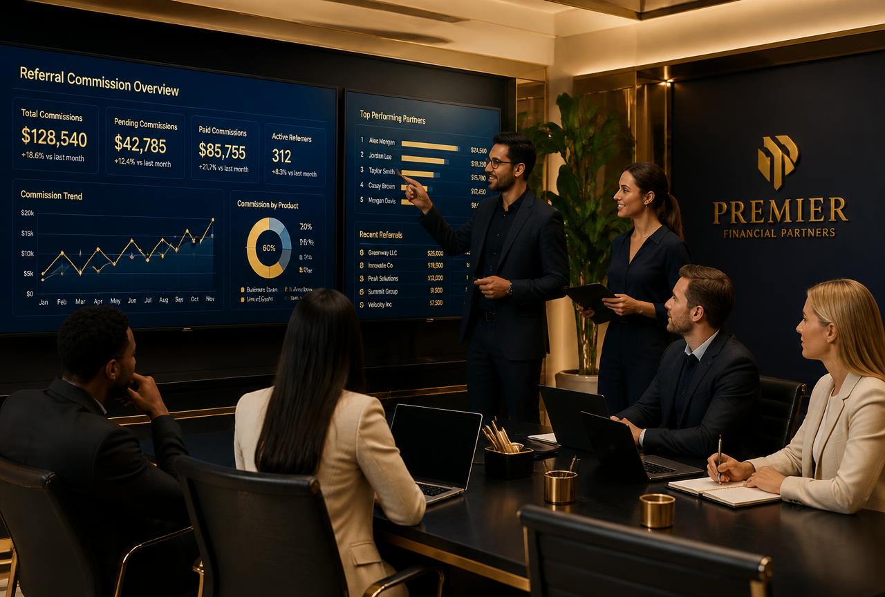 Affiliate partner desk reviewing referral commission dashboards